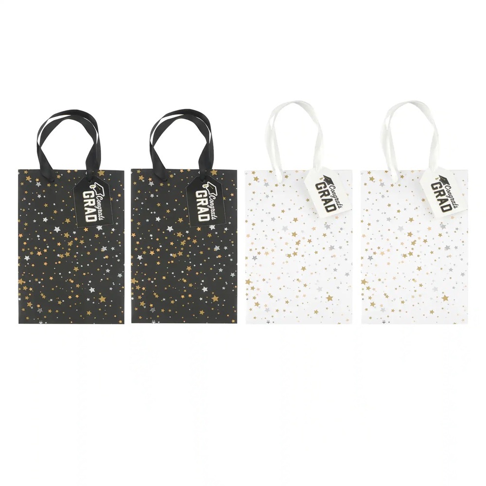 8pc Congrats Grad Gift Bags in Starry Black and White with Stars by Celebrate It